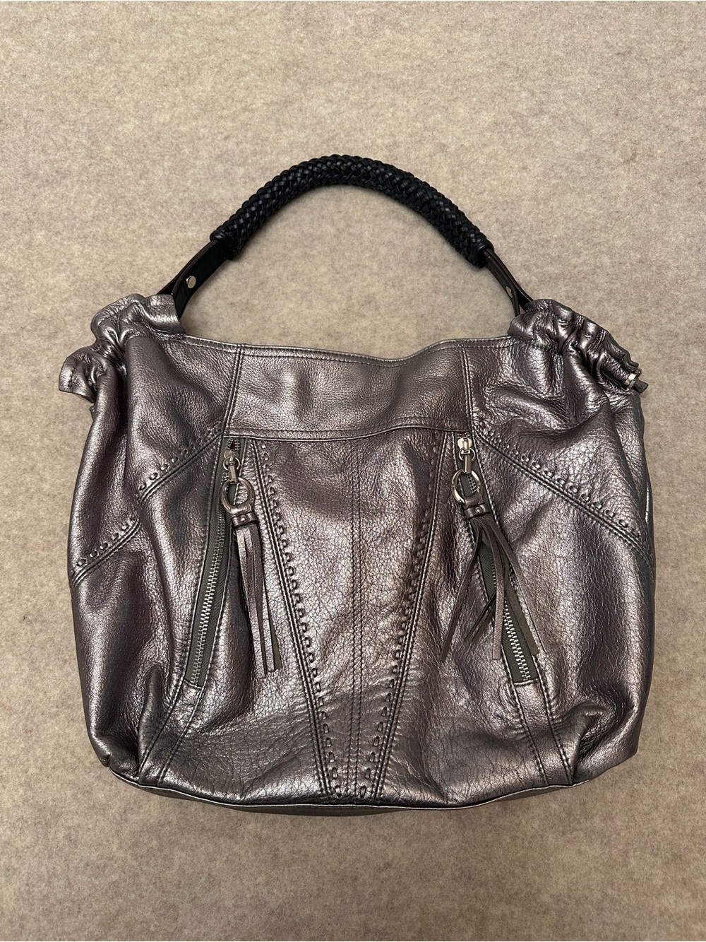 B. Makowsky Y2K Silver Metallic Leather Hobo Shoulder Bag Purse - Picture 2 of 14